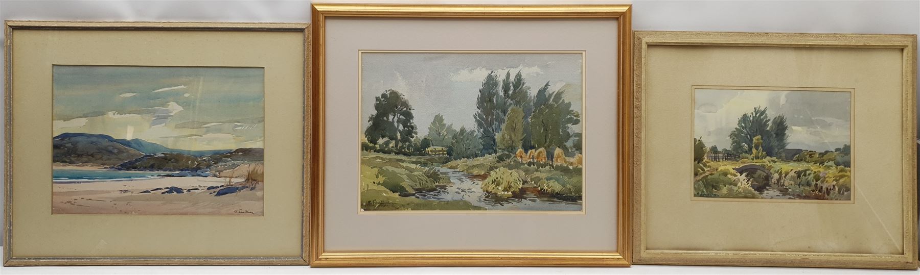 Richard Faulkner (Irish 1917-1988): 'The Tow River Ballycastle', 'The Little Bridge' and Coastal Landscape, three watercolours signed, two titled on labels verso with artist's address, max 26cm x 37cm (3)