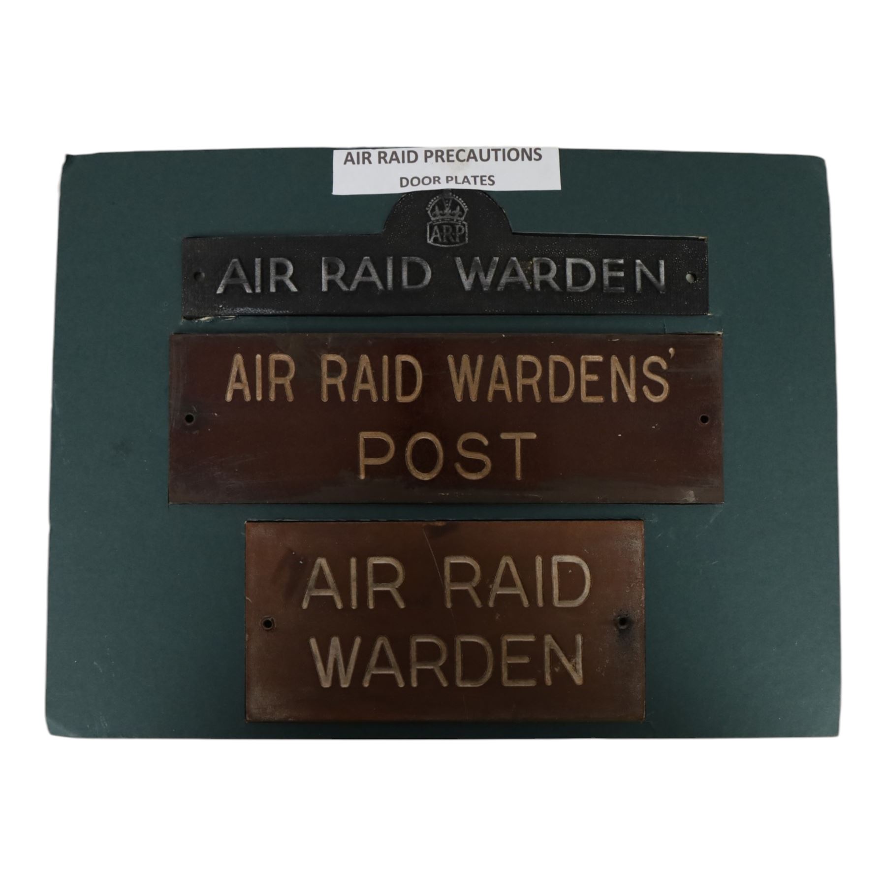 Air Raid Precautions items, including four door plates, silver lapel bedges, Women's Voluntary Service, whistle, matchbox etc  