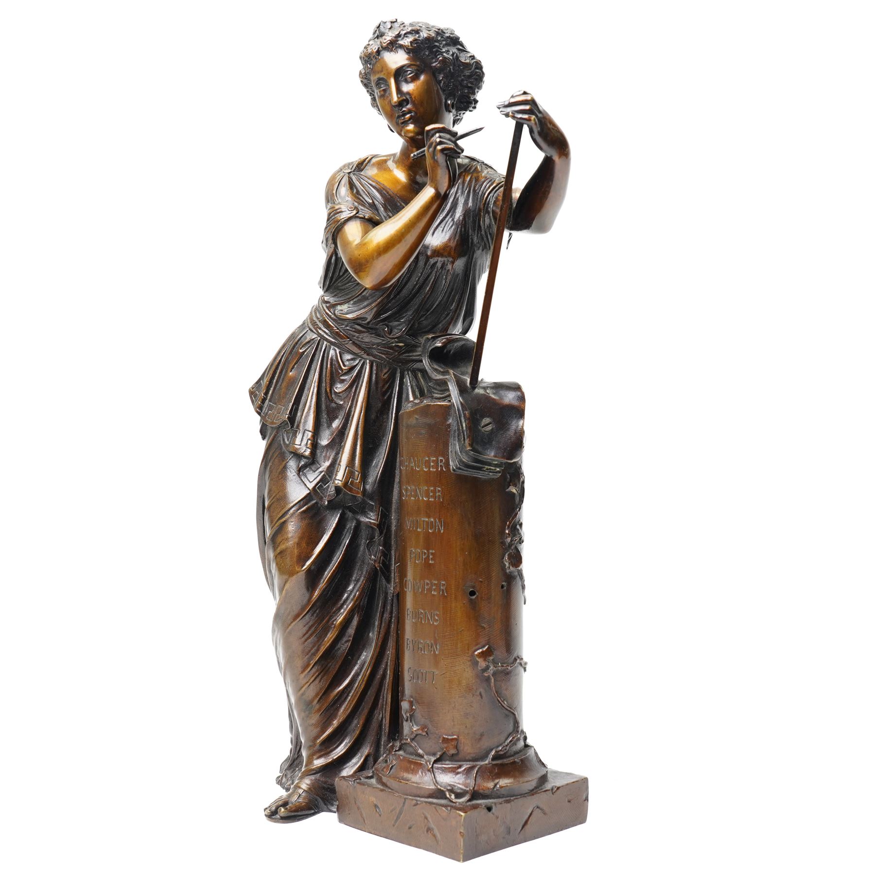After the Antique - a pair of important 19th-century patinated bronze allegorical figures representing Calliope and Melpomene, the Muses of Epic Poetry and Tragic Drama, each modelled as a classically draped female figure standing beside a pedestal with climbing ivy, Calliope depicted writing upon a tablet, embodying poetic inspiration; Melpomene shown in contemplative pose and wearing a serpent bracelet, emblematic of wisdom, transformation and the inspired voice of drama, the pedestals inscribed respectively with the names of celebrated English poets and playwrights including Chaucer, Spenser, Milton, Pope, Cowper, Burns, Byron and Scott; the other with Shakespeare, Beaumont, Fletcher, Ben Jonson, Massinger, Congreve and Garrick, on integral square bases, each bearing incised or stamped foundry or model numbers to the underside, H47cm