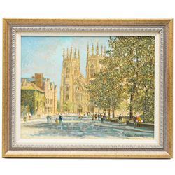 Alan Stuttle (Scarborough 1939-): York Minster in Summer, oil on canvas board signed 34cm x 44cm