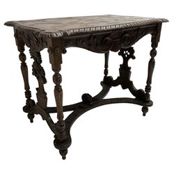 19th century walnut centre table, shaped top carved with central cartouche and extending scrolled foliage, the shaped frieze rails carved with scrolling acanthus leaves, turned supports with central end supports carved with flower heads and scrolls, curved x-framed stretcher carved with a central mask depicting a girl in a bonnet, on turned and carved feet
