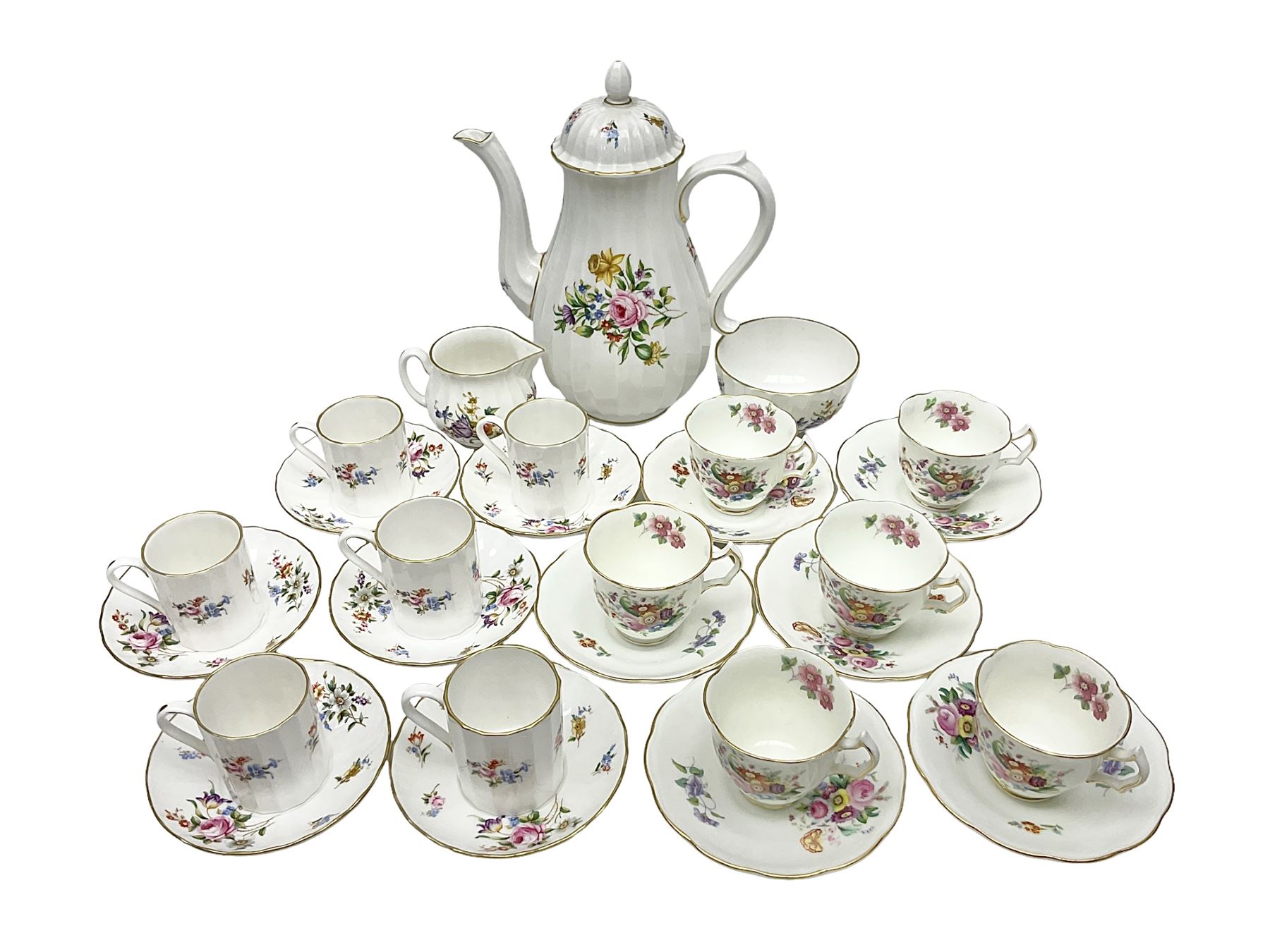 Royal Worcester Roanoke pattern coffee service, including coffee pot, coffee cans and saucers, milk and sugar bowl, together with Coalport Junetime pattern teacups and saucers