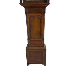 Unsigned - mid-19th century 30 hour oak and mahogany longcase clock, with a swans neck pediment and ball and eagle finial, square hood door flanked by turned pilasters, trunk with recessed pillars and a short trunk door, square plinth with a raised panel on bracket feet, painted dial with Roman numerals, minute track, brass hands and painted spandrels, with a count wheel chain driven striking movement striking the hours on a bell. With pendulum and weight.  