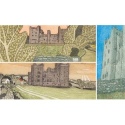 John Brunsdon ARCA (British 1933-2014): Views of Bolton Castle - Wensleydale, set three limited edition coloured etchings with aquatint signed titled and numbered in pencil 29cm x 11cm (3) (2 unframed)