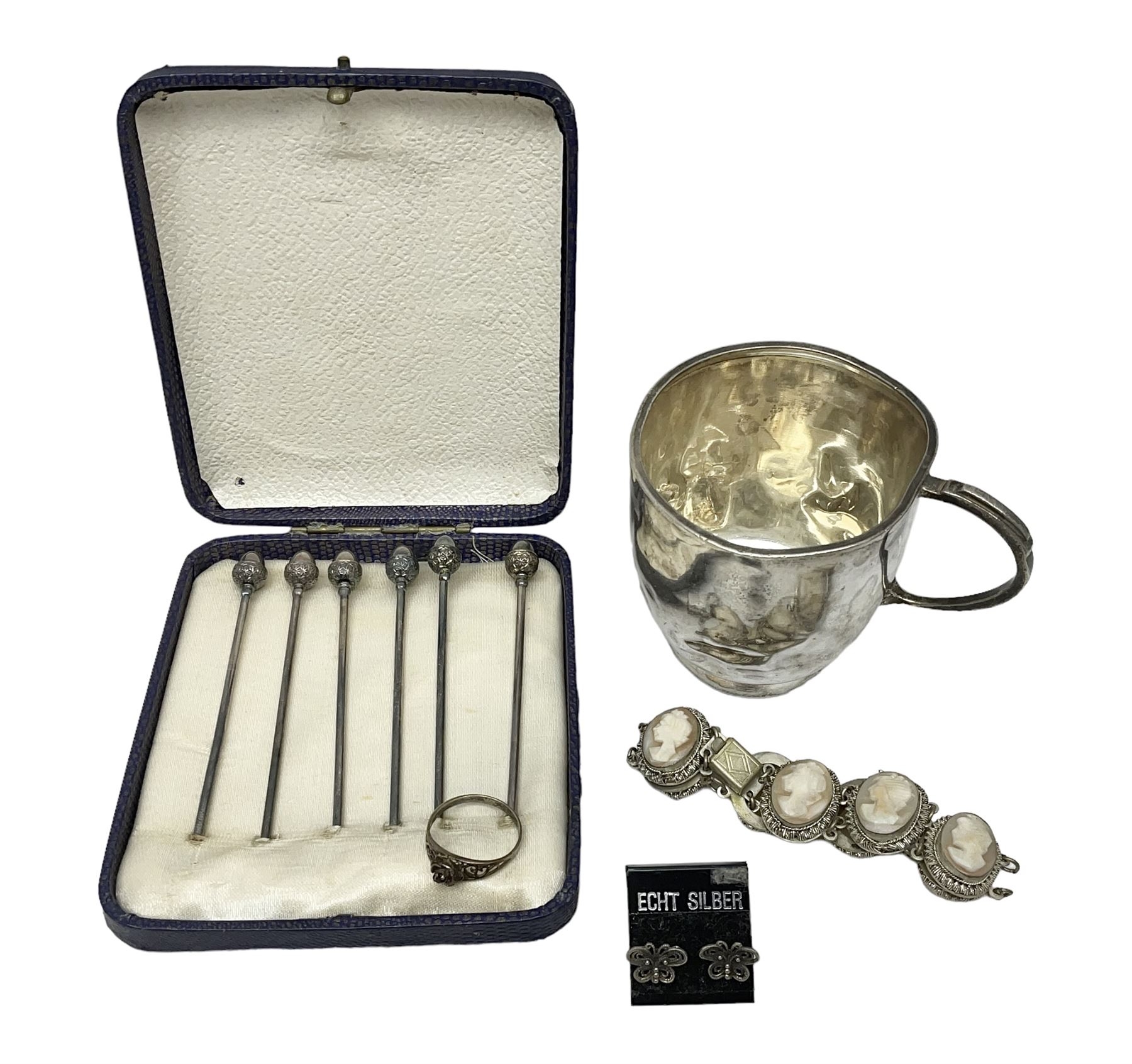 Set of six silver plated cocktail sticks, with acorn finials, hallmarked silver christening cup, silver ring and earrings and a costume jewellery cameo bracelet 