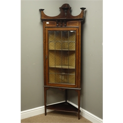  Edwardian inlaid mahogany corner display cabinet, enclosed by lead glazed door with satin wood banding, square tapering supports with spade feet, W65cm, H177cm  