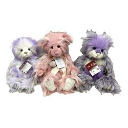 Three Charlie Bears, comprising limited edition Aunt Bibi CB205241O, 157/3000, Teresa CB212129C, and Soda Pop CB202040B, both designed by Isabelle Lee, all with tags 