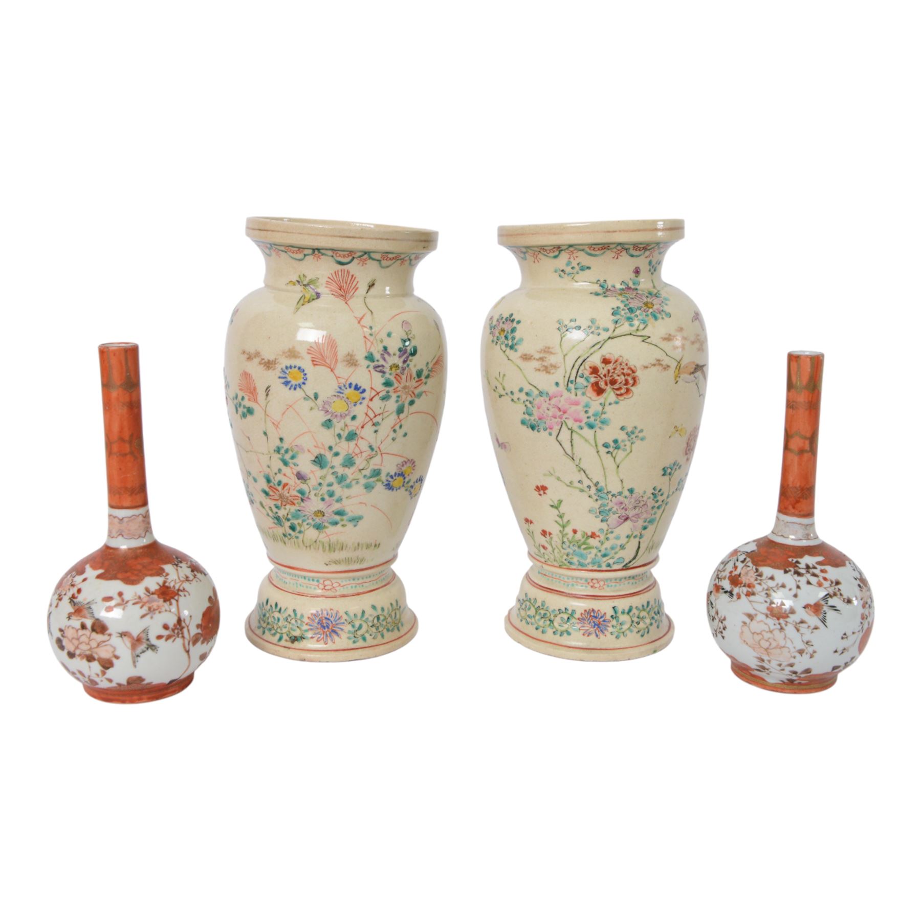 Japanese ceramics, comprising pair of Imari plates, pair of Imari bowls, pair of Satsuma bottle vases and two pairs of baluster form vases each decorated with birds amongst flowering branches, tallest vase H23cm