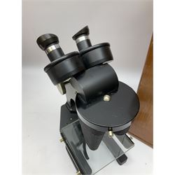 Charles Perry binocular microscope 'Classic No 1', with pitchfork base and rack and pinion focusing, in original fitted mahogany case with additional lenses, H44cm