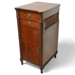 19th century mahogany Hepplewhite design pedestal sideboard or pair of bedside pedestals, each pedestal fitted with two drawers and cupboard, decorated with figured panelled doors and ebony stringing, curled leaf carved mounts over reeded half columns, on turned feet 