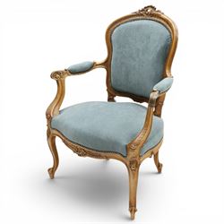 Louis XV design giltwood open armchair, shaped upholstered back with carved foliate cresti...