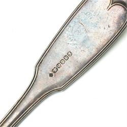 Britannia metal flagon by James Dixon & Sons with scroll handle and hinged lid H35cm and a silver plated fiddle pattern soup ladle (2)