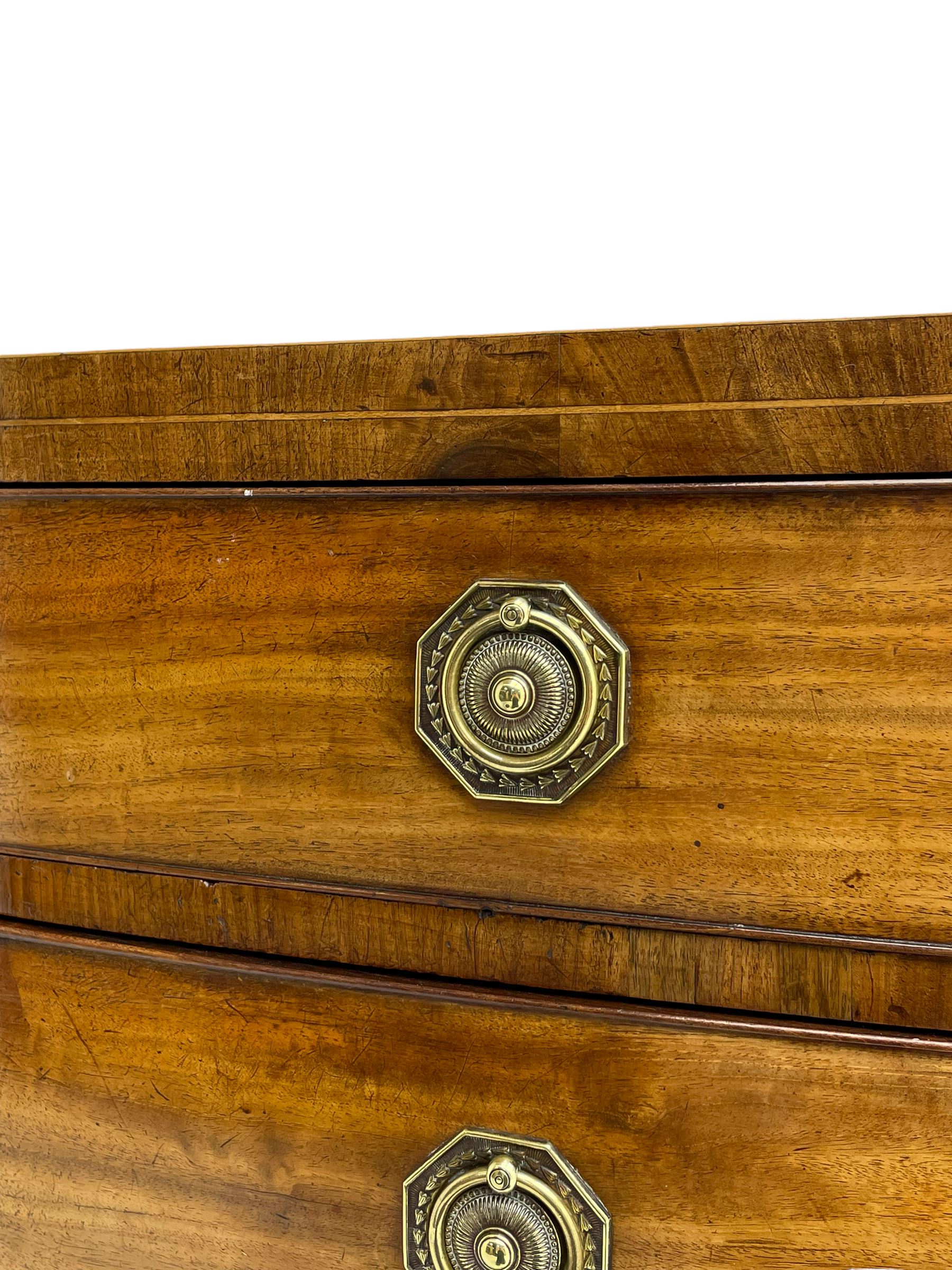 George III inlaid mahogany bow-front chest, fitted with four graduating drawers, octagonal plate and loop handles, shaped apron and splayed bracket feet