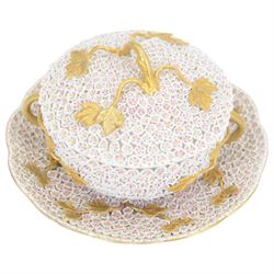 Meissen style Schneeballen or Snowball ecuelle, cover, and stand, profusely encrusted throughout with small white flower heads, with gilt vine handles and detail, overall H10.5cm, stand D18cm