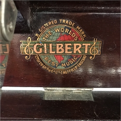  Gilbert's mahogany cased gramophone, hinged lid enclosing record table above two doors, square tapering supports, Reg No 743179, W83cm, H83cm, D52cm  