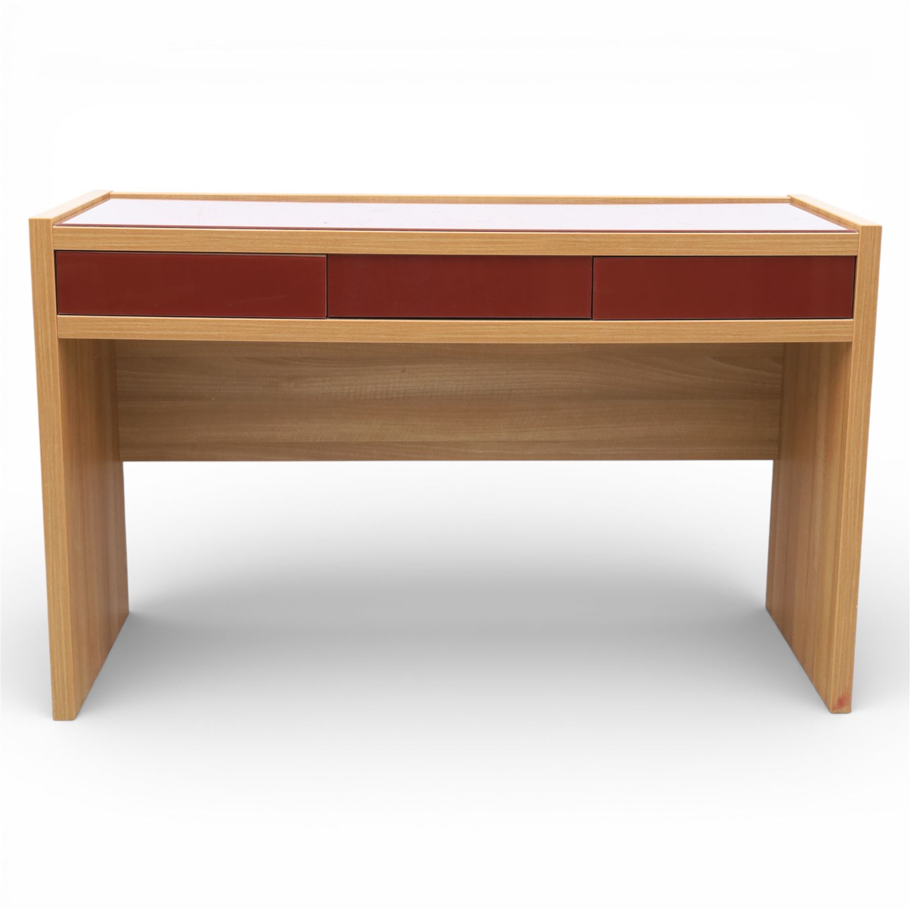 Sliderobes - modern dressing table and two bedside cabinets, red glass panels to top and drawer fronts, drawers with push to open mechanism, with veneered oak frames (Bedside tables H 56cm, D 50cm, W 40cm; Dressing table: H 83cm, D 50cm, W 135cm)