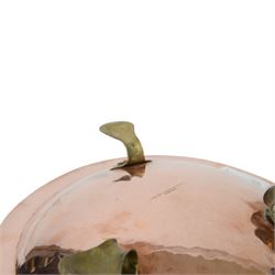 Arts and Crafts Birmingham Guild of Handicraft copper bowl, of circular form, the broad rim stamped with circles and fruiting sprigs, raised upon three cast brass feet, with impressed mark beneath The Birmingham Guild Ltd England, D30cm