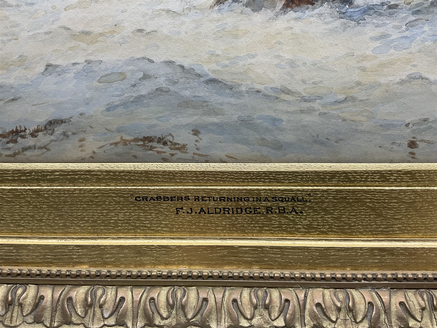 Frederick James Aldridge (British 1850-1933): ‘Crabbers Returning in a Squall’, watercolour signed, titled on frame 34cm x 52cm 
Provenance: private collection, purchased David Duggleby Ltd 23rd June 2017 Lot 18; exh. 32nd Dudley Gallery Art Society Exhibition 1896 no. 242, label verso