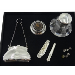 Silver mounted glass scent bottle by M Bros, Birmingham 1896, silver purse, silver pin cushion by Levi & Salaman Birmingham 1905, two fruit knives and pair of cufflinks