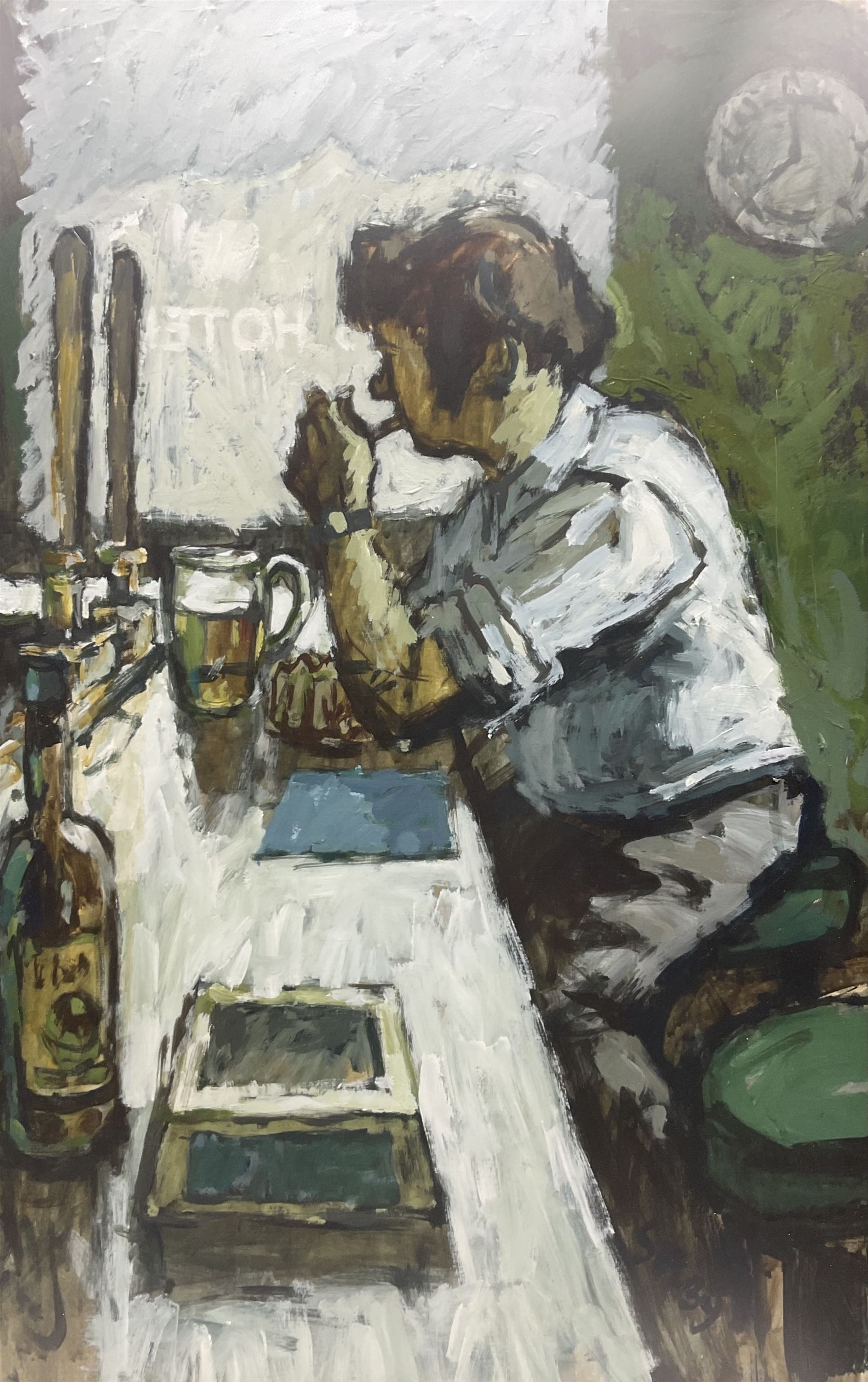 William Selby (Northern British 1933-): Smoking in the Hotel Bar, mixed media and oil on card signed 64cm x 41cm