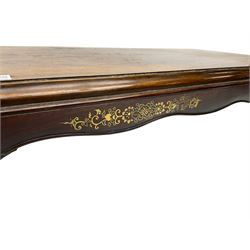 19th century rosewood opium table, rectangular top with moulded edge, the shaped apron decorated with applied brass scrolling foliate detail, raised on shaped supports with stylised leaf feet and cockbeaded edge