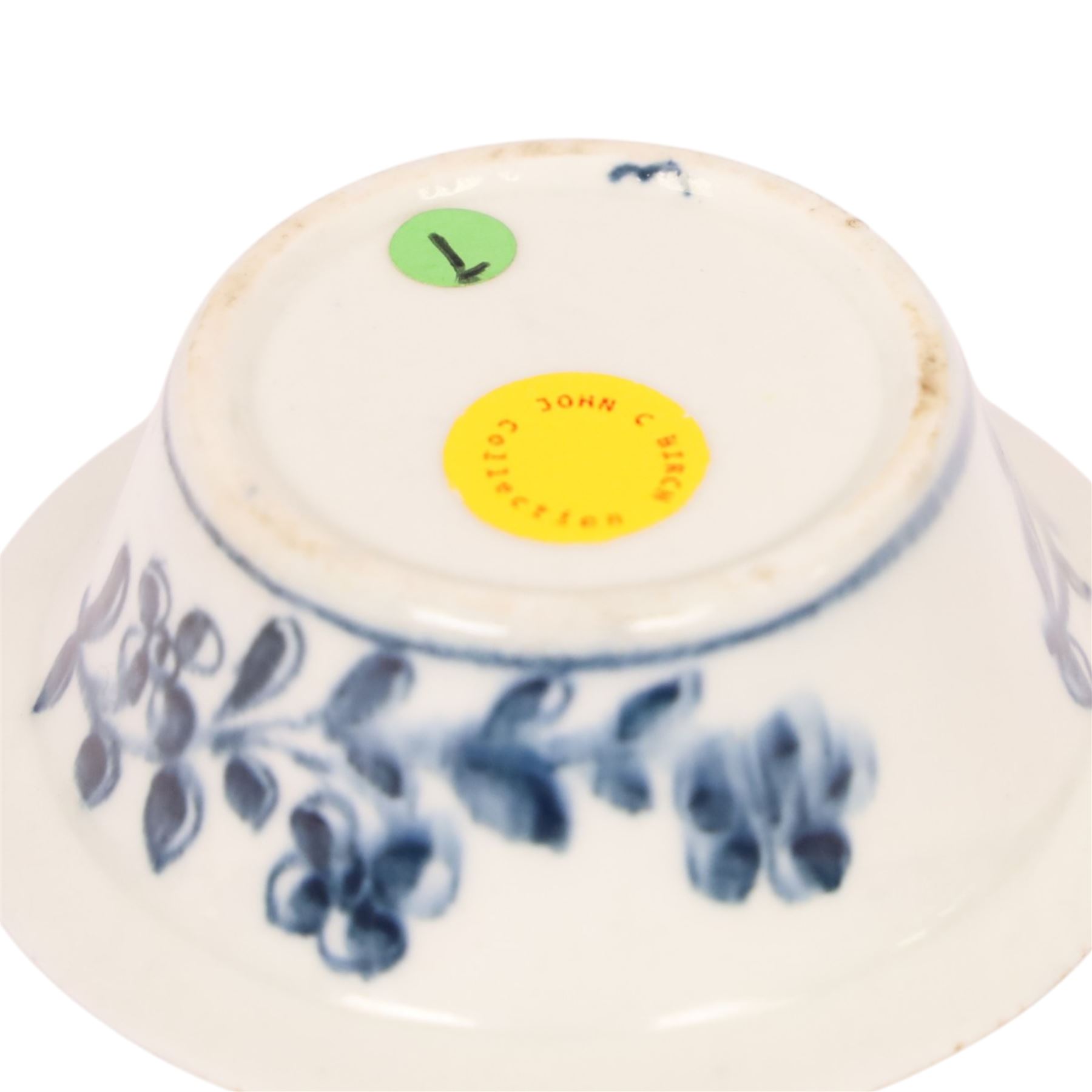 Lowestoft blue and white patty pan, circa 1765, the interior decorated with butterfly within floral border, with painters mark to inside of foot rim, H3cm D8cm