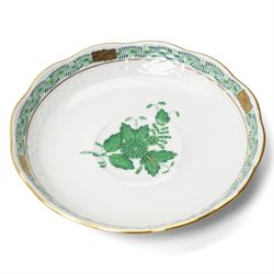 Herend porcelain Tete a Tete decorated in the green Chinese Bouquet pattern, comprising cabaret tray, two cups and saucers, tea pot, leaf shape bowl and milk jug