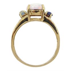 9ct gold three stone opal and sapphire ring, hallmarked
