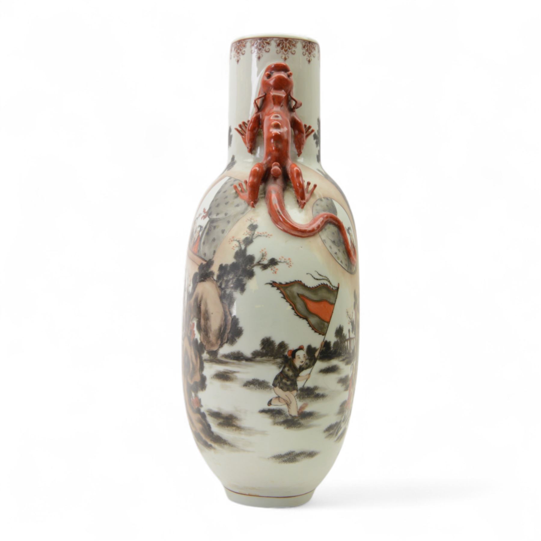 Chinese Republic period porcelain moon flask vase, of typical compressed spherical form, the neck and shoulders with applied iron red dragon handles, the body decorated in iron-red and grisaille with a 'one hundred children' design, depicting various children at play and engaged in musical pursuits within a garden setting, with apocryphal Qianlong mark beneath, H47cm