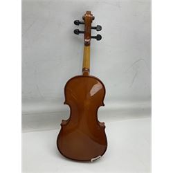 Four student violins - two Chinese three-quarter size with 33.5cm and 34cm two-piece backs; Stringers of Edinburgh quarter size with 28cm two-piece back; and Stentor quarter size with 28cm two-piece back; each in carrying case (4)