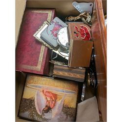 Silver earrings, including three boxed pairs, costume jewellery, compact mirrors and three jewellery boxes