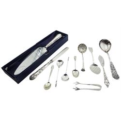 Selection of silver flatware, to include Victorian Queens pattern knife with silver blade, hallmarked John Gilbert & Co, Birmingham 1872, a Victorian silver preserve spoon with shovel type bowl engraved with diamond pattern, hallmarked Josiah Williams & Co, Exeter 1875, two modern coffee spoons, the terminals modelled as griffins, hallmarked William Suckling Ltd, London 1967, an Edwardian Royal Commemorative souvenir spoon, hallmarked William Devenport, Birmingham 1901, a 1930's pair of sugar tongs the bowls modelled as claws, a Norwegian silver spoon, stamped 830, etc., approximate total weight 6.37 ozt (192.8 grams)