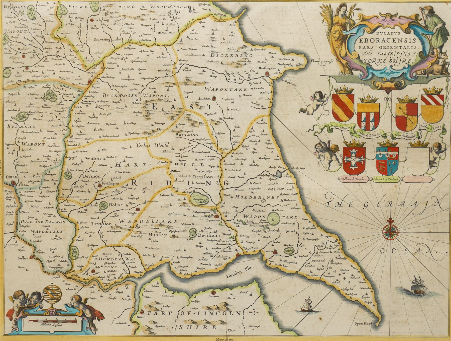 Johannes (Joan) Blaeu (Dutch 1596-1673): 'Ducatus Eboracensis Pars Orientalis - the Eastriding of Yorkeshire (East Riding of Yorkshire)', 17th century engraved map with hand-colouring 39cm x 51cm