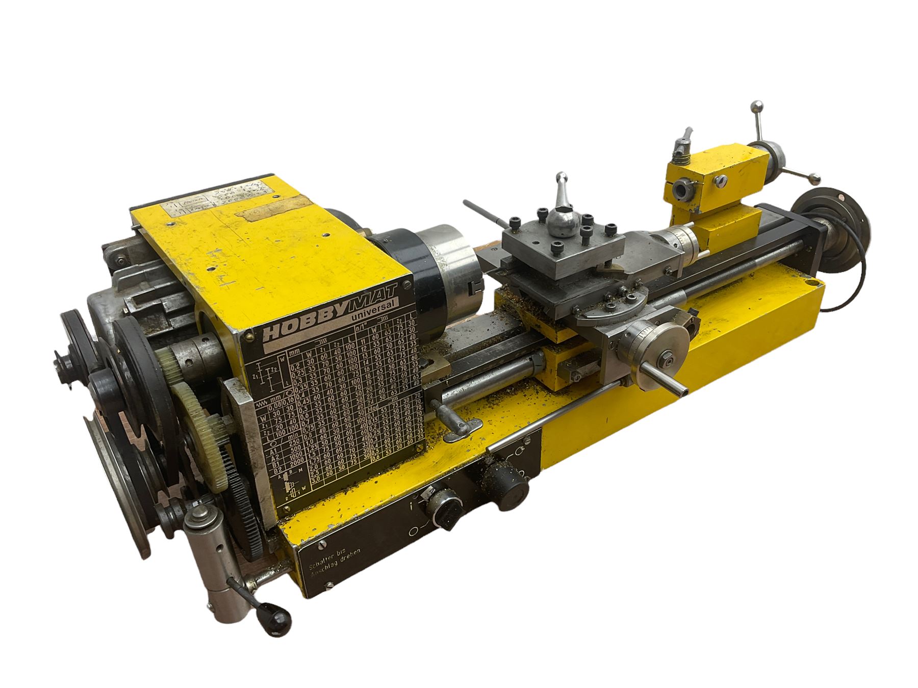 Hobbymat MD65 engineering and screw cutting lathe with built-in motor, Morse 2 taper headstock, Morse 1 taper tailstock , three jaw chuck, cross slide and four way tool post. With assorted accessories including dividing plates, slitting saws, roller filing rest, milling vice, centre steady and tailstock chuck. Height of centres 65mm, distance between centres 300m, turning diameter over carriage 62mm. lathe bed 500mm.