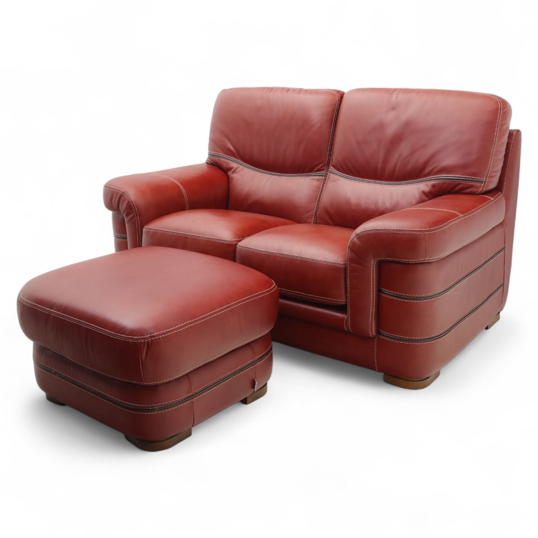 Bardi, Italy - two-seat sofa and footstool, upholstered in deep red leather, stool 72x63x39cm 