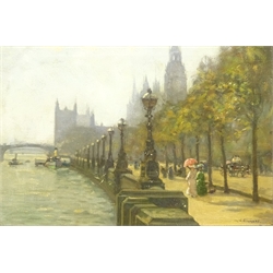  Augustus William Ennes (British 1876-1948): Promenading on Victoria Embankment London, oil on canvas signed 24cm x 35cm  