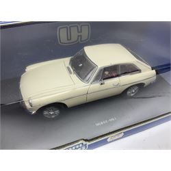 Six 1:18 scale die-cast models - Road Legends Chevrolet Nomad (1957) and Ford Fairlane Crown Victoria (1955); Universal Hobbies MGB-GT Mk.1 4-cylinder Old English White and Land Rover Serie III Police Patrol; Road Tough Shelby Cobra 427S/C (1964); and Mira 1955 Buick Century; all boxed (6)