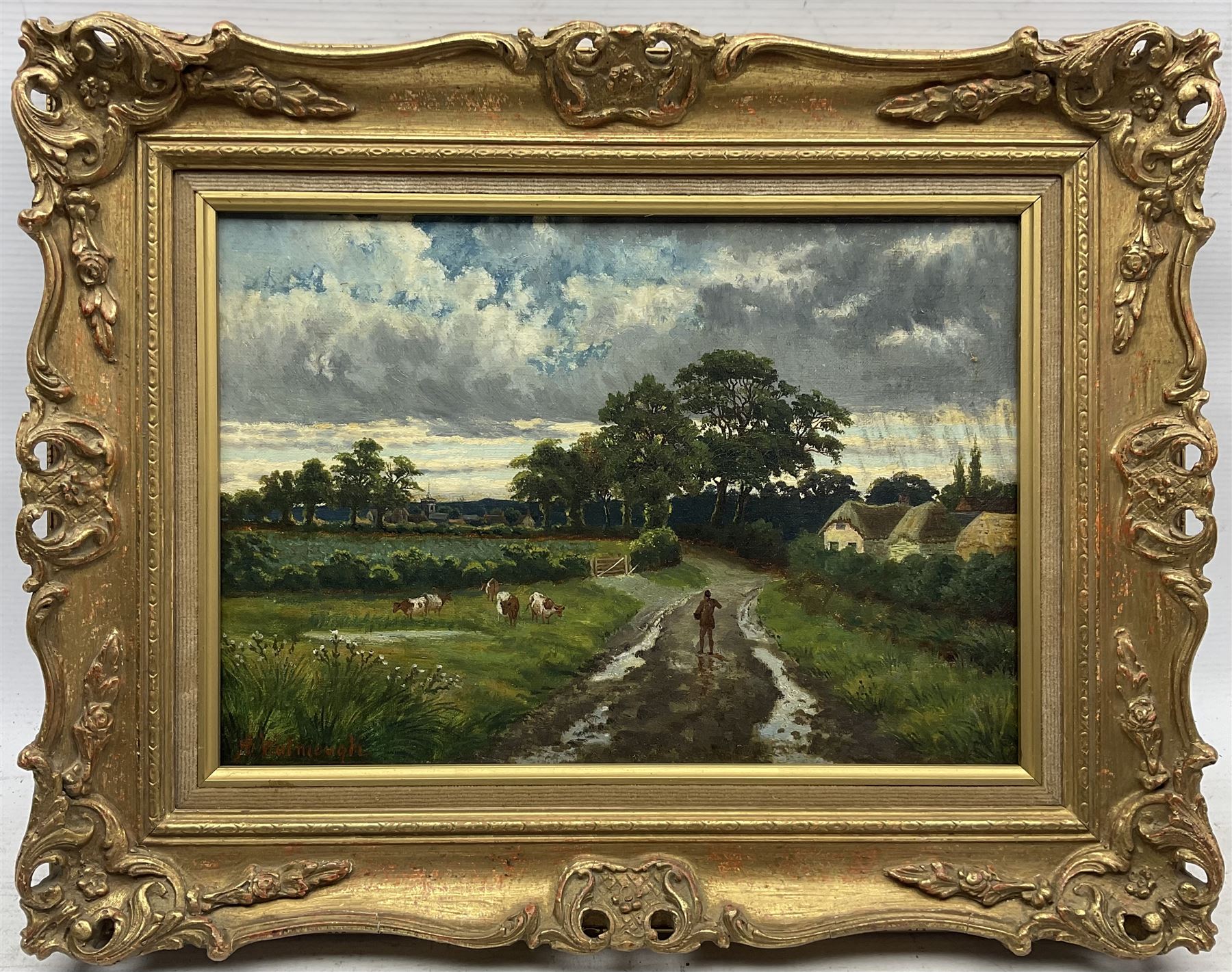 Amos Watmough (British fl.1884-1912): 'Homeward Bound', oil on canvas signed, titled and with 1951 City of Bradford Cartwright Memorial Hall - Bradford Artists Exhibition label verso 23.5cm x 34.5cm 