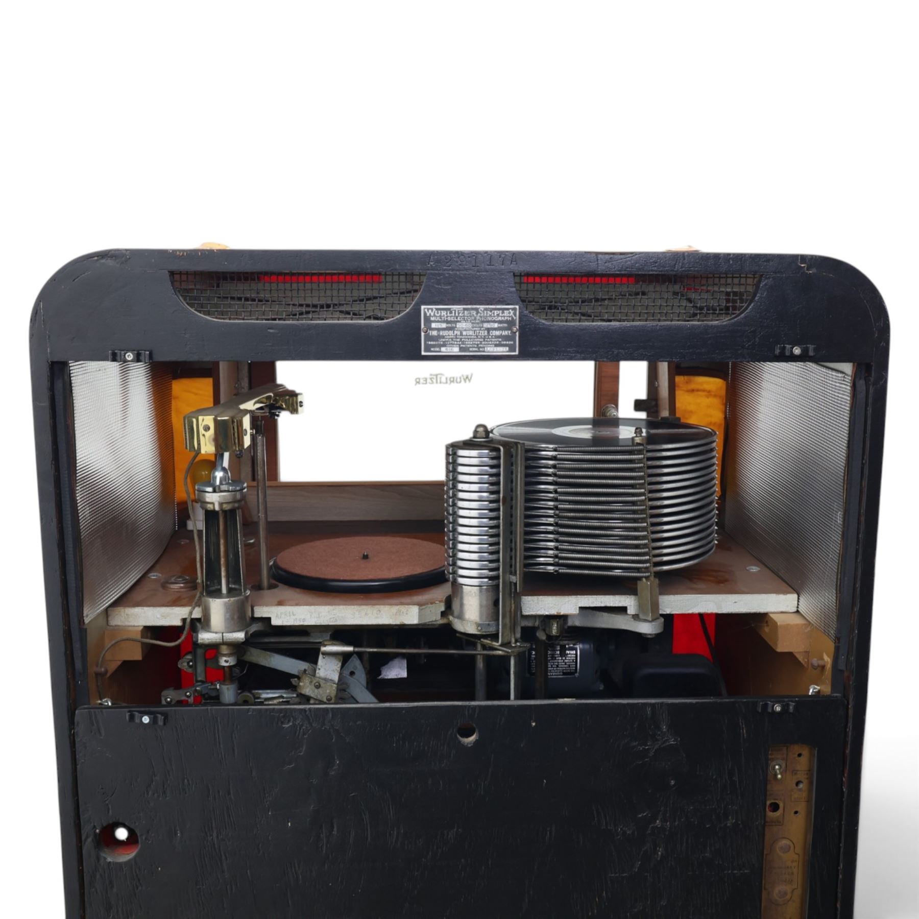 Rudolf Wurlitzer Company - Model 616 'Simplex' 1937 jukebox, figured walnut veneered cabinet with illuminated red and amber side panels enclosed by chromed uprights, glazed upper record compartment, cast Art Deco speaker grille, coin-operated push-button selection panel with circular title index, raised on a moulded base