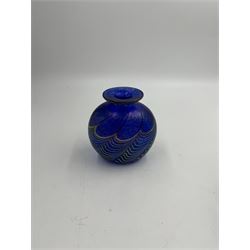 Robert Held glass vase, decorated with iridescent threads and pulls over a blue ground, together with glass vase of squat square form, tallest H10cm, both with original boxes 