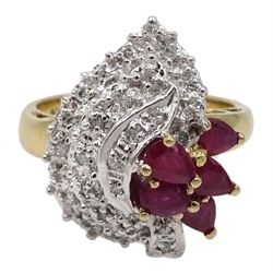 9ct gold pear shaped ruby and diamond contemporary design cluster ring, hallmarked