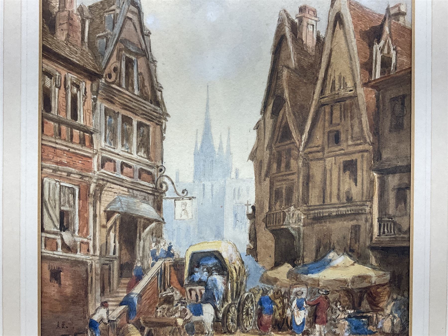 Early 20th century Continental School - watercolour of a Munich street scene entitled verso 'Markttag direkt an der Marienplatz', further manuscript inscription verso 'Eine ruhige Eike des alten Münchens'; signed lower left with initials A.H.; unframed in later mount 28.5 x 20cm. Auctioneer's Note: This painting bears similarities to the work of the young Adolf Hitler during his fifteen month stay in Munich before WWI. Various views of the Marienplatz were painted by Adolf Hitler during this period all signed with his initials and of a similar size and palette. Sold with photocopies of comparable paintings.