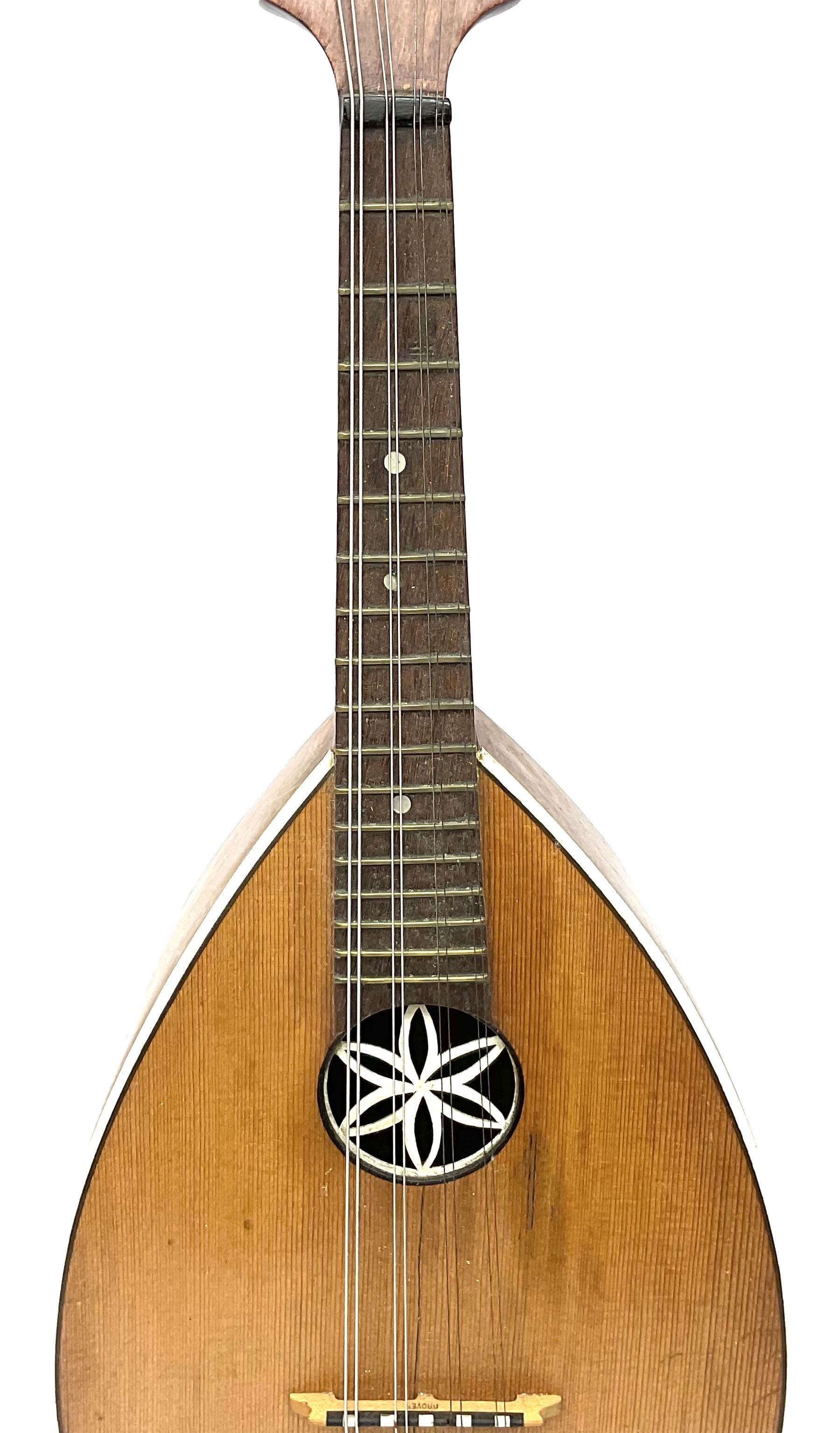 Melody-Uke four-string ukelele banjo, makers plaque to head stock L59cm; and Italian eight-string lute-back mandolin with mahogany stained segmented maple back and spruce top L59cm (2)