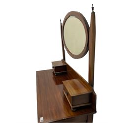 Edwardian inlaid mahogany dressing chest, raised bevelled oval swing mirror, fitted with small trinket, two short and two long drawers 