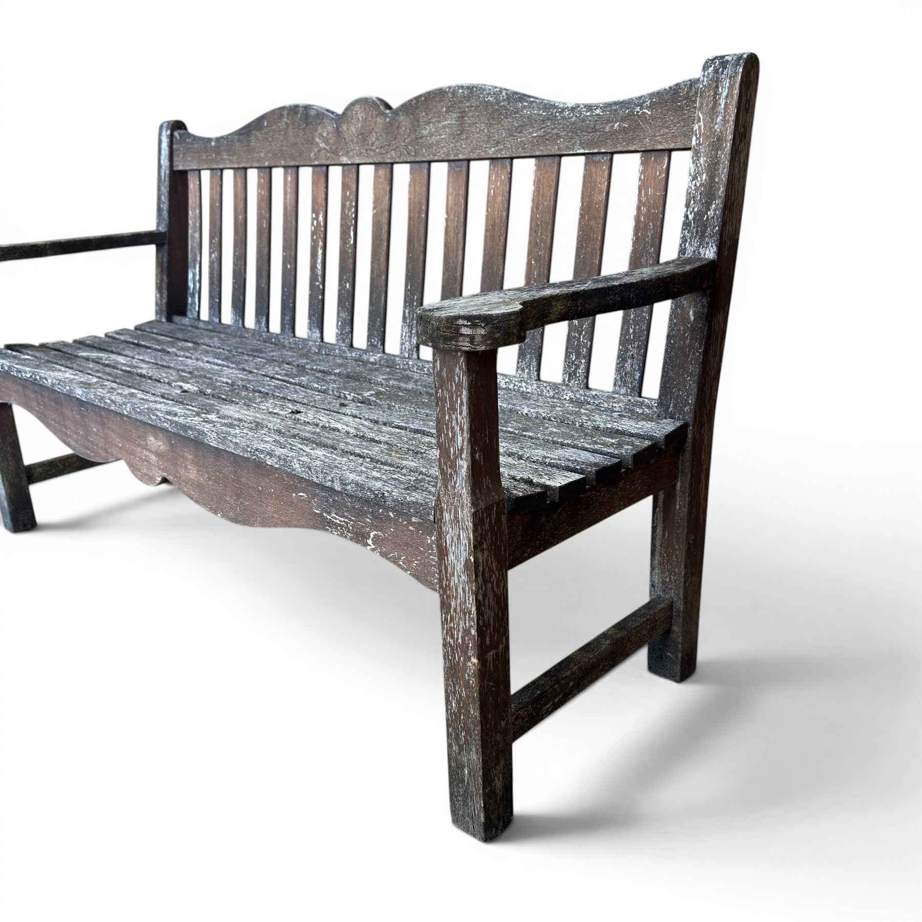 Teak garden bench, wavy shaped rail and slatted seat, with matching coffee table (2)