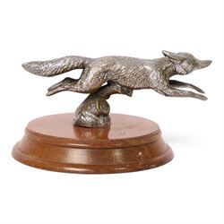 Louis Lejeune running fox car mascot mounted on a wooden plinth, H8cm