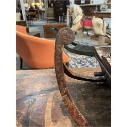 Unusual 18th century small Northern European wooden sled, with curved scroll back, the sides painted with coastal shipping scenes, the interior with removable zinc liner, upon curved irons painted with flower heads, H36cm W56cm D29cm