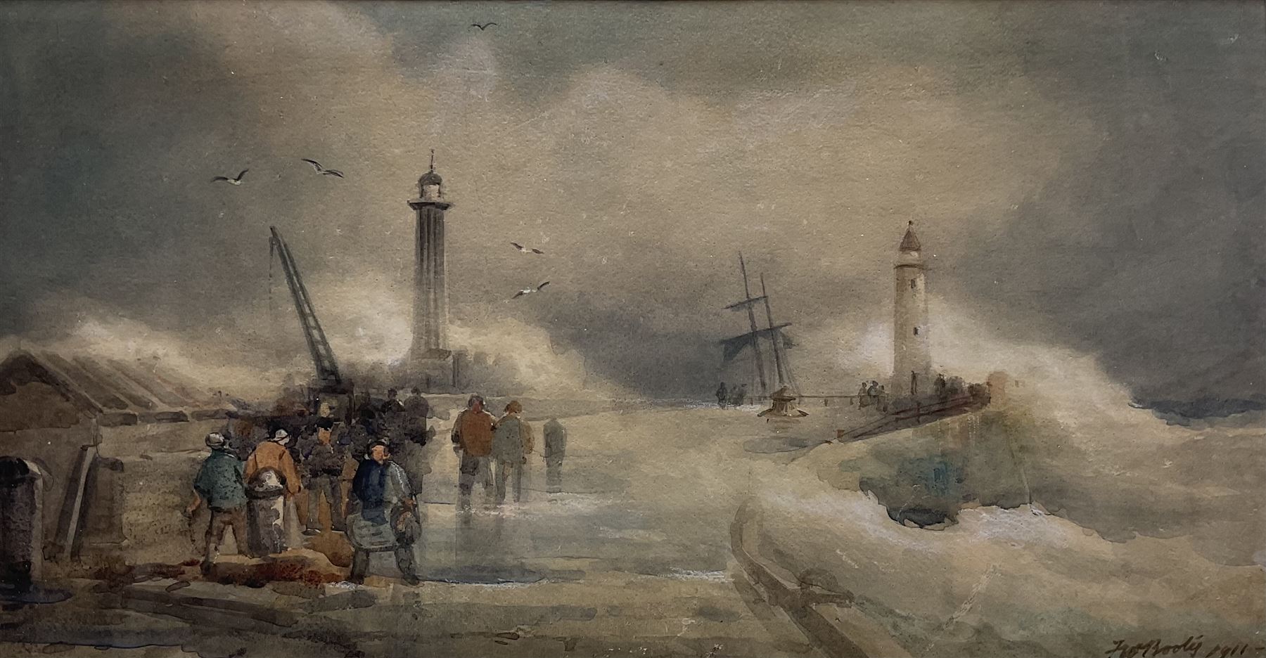Frederick William Booty (British 1840-1924): Whitby Piers, watercolour signed and dated 1911, 20cm x 38cm