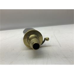 Two Sykes Patent brass mounted small load powder flasks with fire proof safety tops - one with slim plain copper body H17.5cm; the other with plain gun metal body H19cm (2)