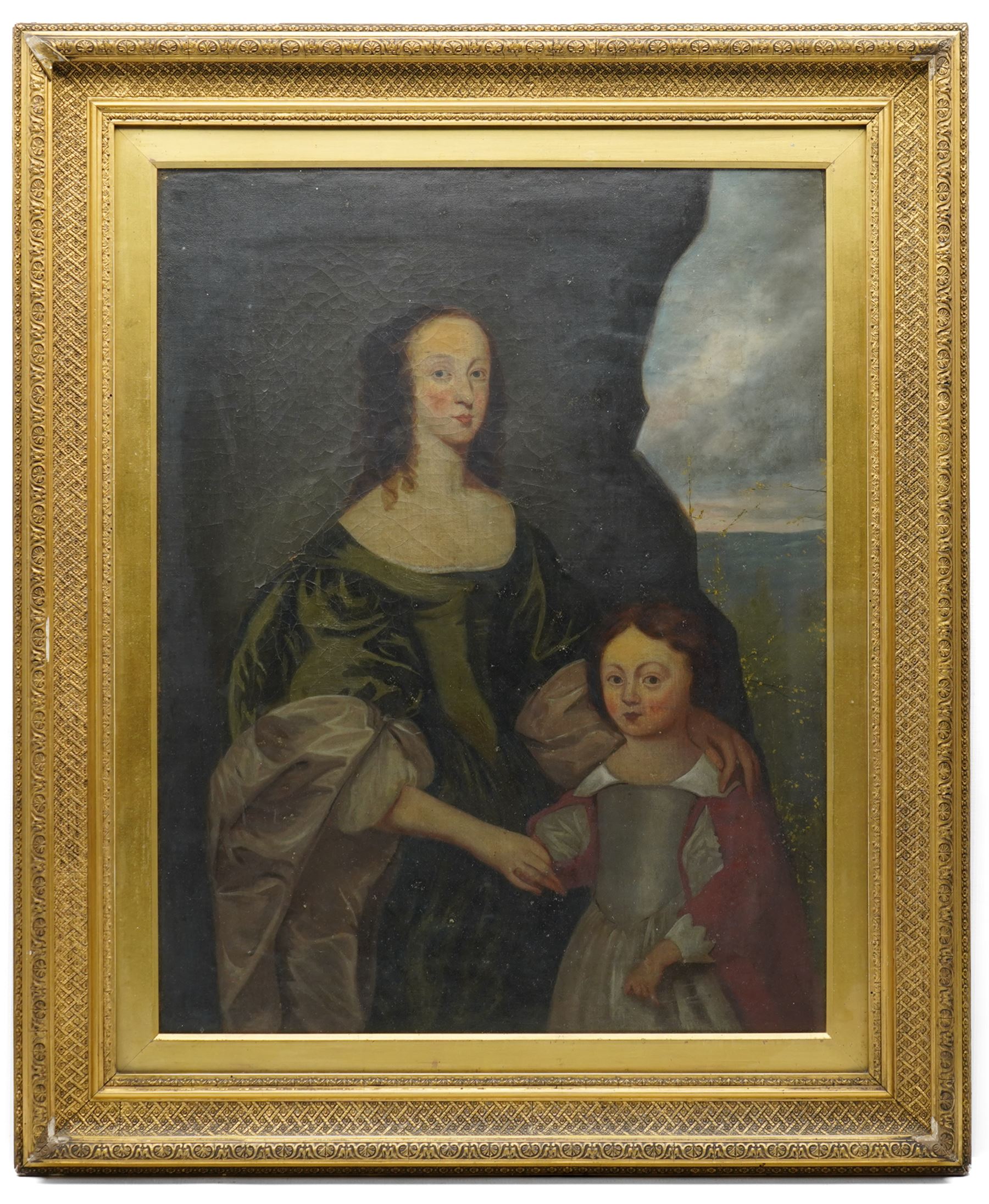 English Provincial School (Late 17th century): Portrait of a Lady and Child in a Landscape Setting, oil on canvas unsigned 64cm x 49cm
Provenance: reputedly acquired from the Wiganthorpe Hall estate sale during the 1950s